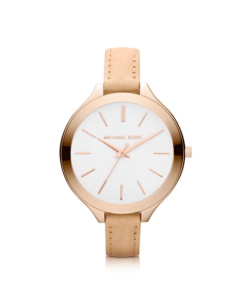 michael kors runway slim rose leather strap watch